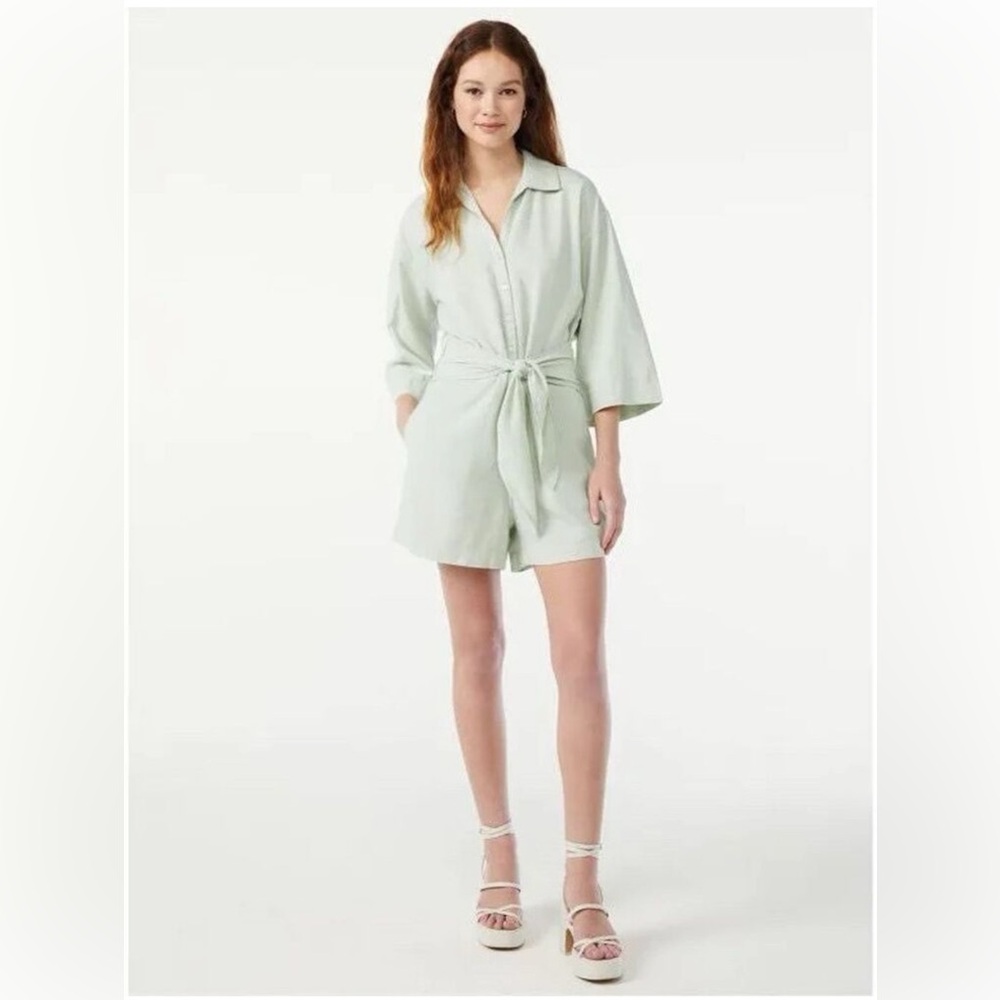 Free Assembly Women's Ivory Romper Sz L, 3/4 Sleeve, Casual, Front tie, Pockets